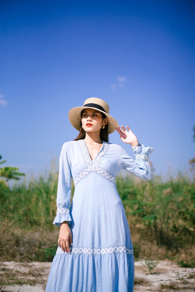 1970s Vintage Light blue Maxi Dress, Tony Todd Dress,Bell Sleeves Dress With With Floral Embroidered image 3