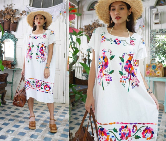 Vintage Hand Embroidered Mexican Tunic Dress, Embr