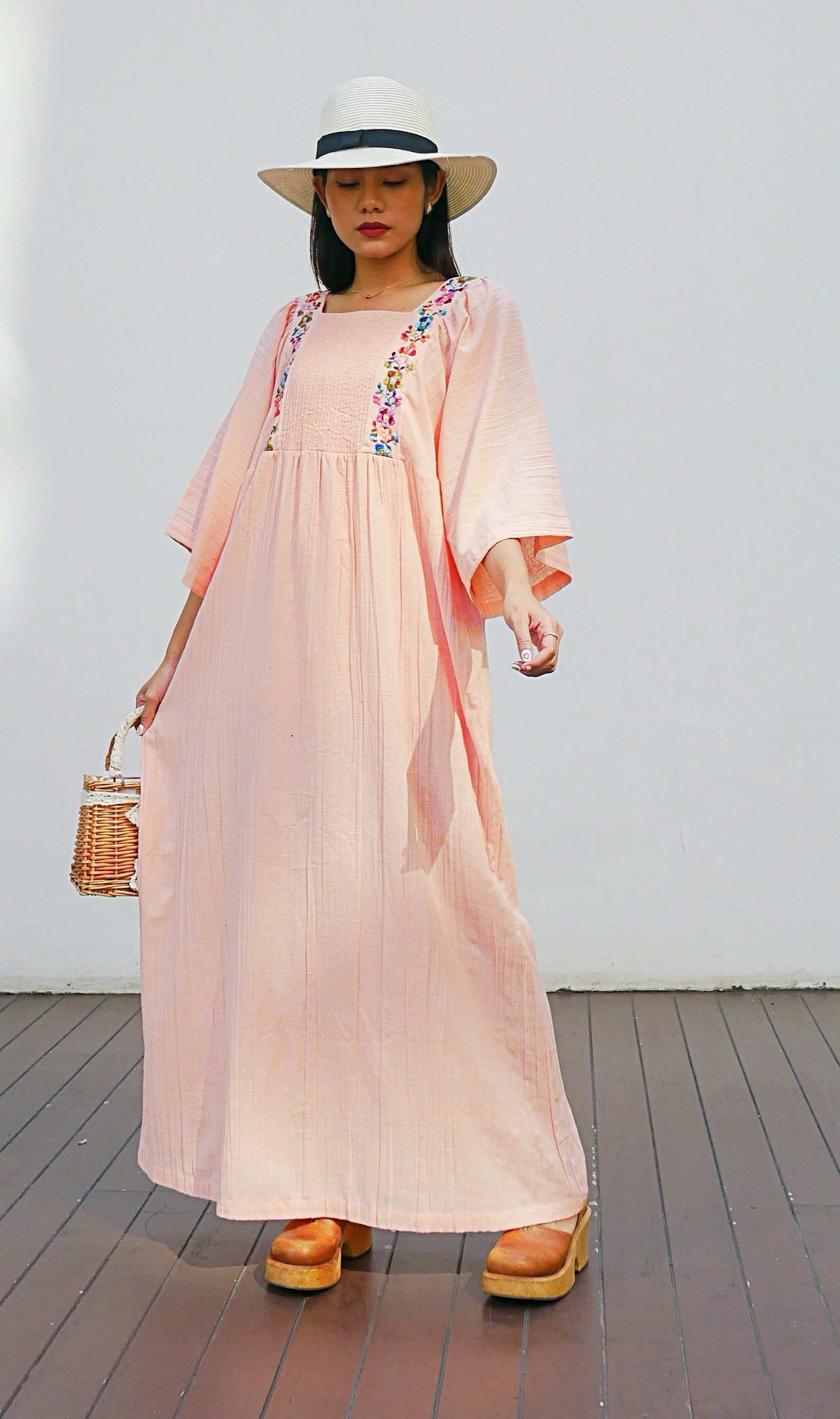 Vintage Mexican Cotton Gauze Dress With Floral Embroidery Etsy