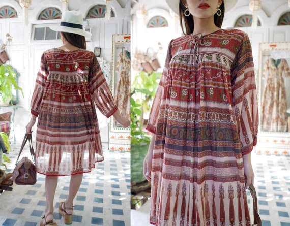 Vintage 70s Indian Gauze Cotton Dress, Balloon Sle