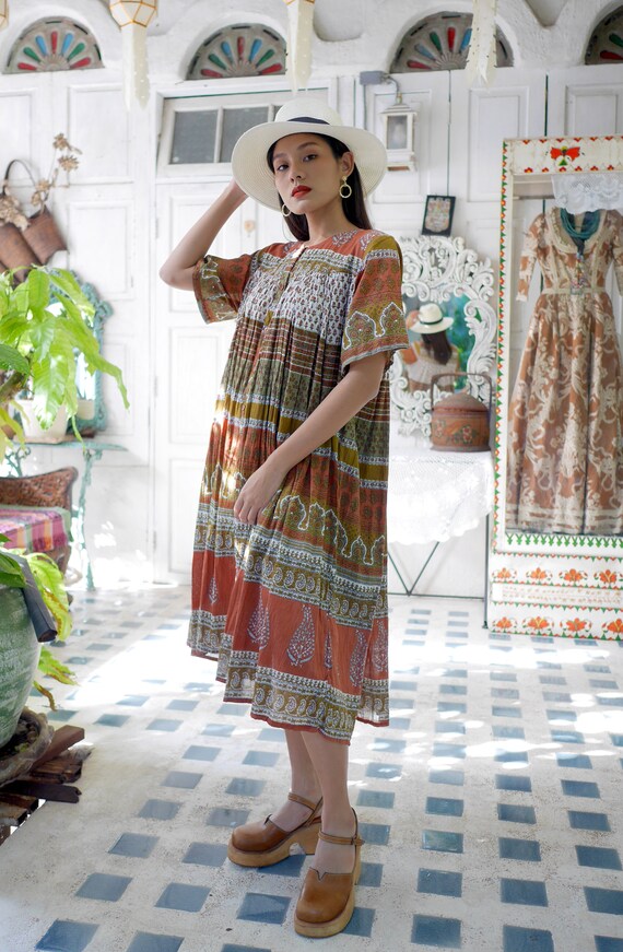 Vintage Indian Cotton Gauze Dress, Boho Hippie Dr… - image 3