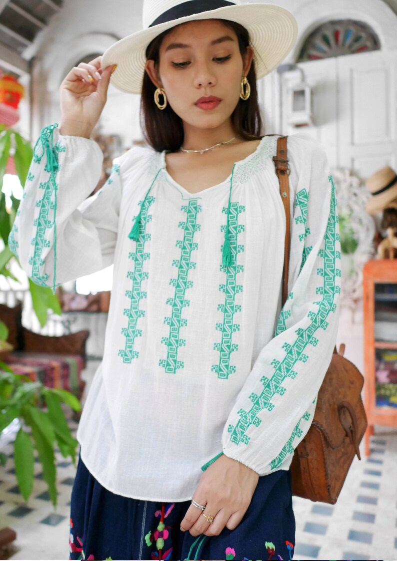 60s Vintage Romanian Cotton Gauze Blouse, Beautiful Vintage Hand Embroidered Romanian Peasant Blouse image 6