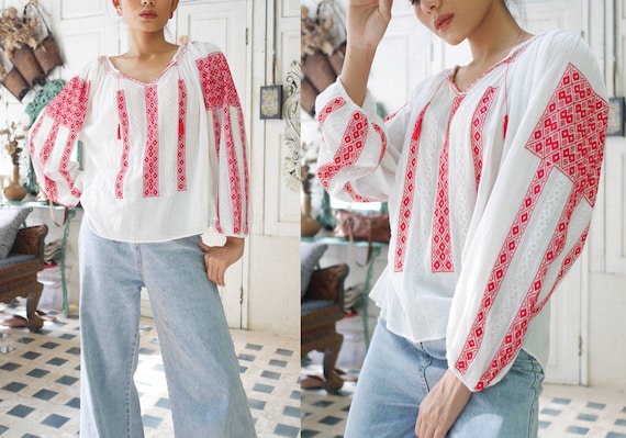Vintage Embroidered Hungarian Gauze Cotton Blouse,