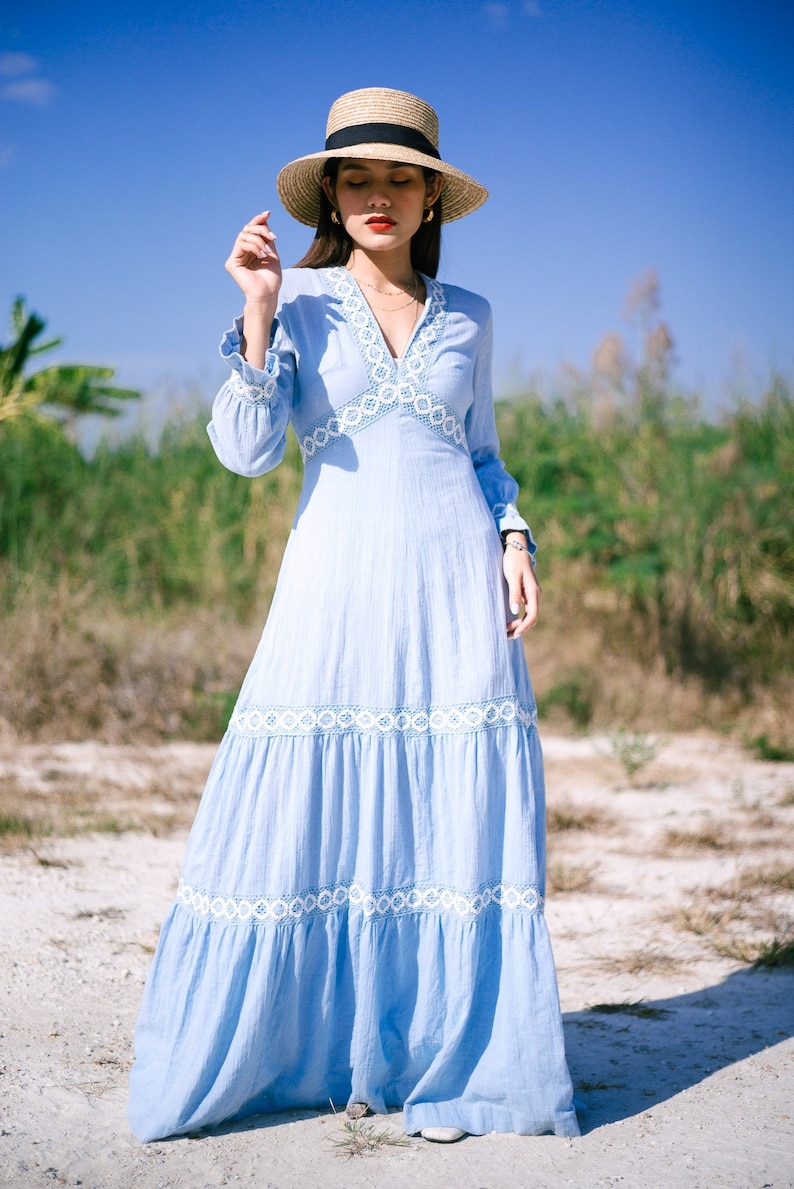 1970s Vintage Light blue Maxi Dress, Tony Todd Dress,Bell Sleeves Dress With With Floral Embroidered image 1