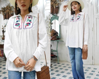 Vintage White Embroidered Floral, Boho Long Sleeves Top  Blouse