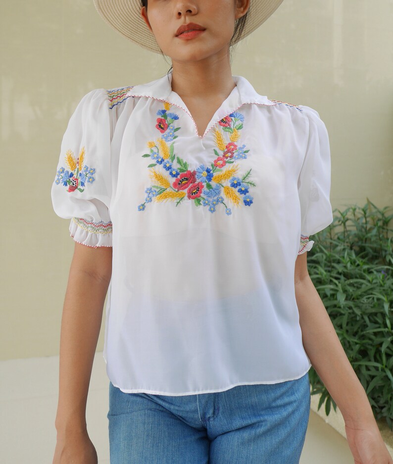 Vintage Peasant Floral Blouse 1950s Hungarian Sheer White Etsy