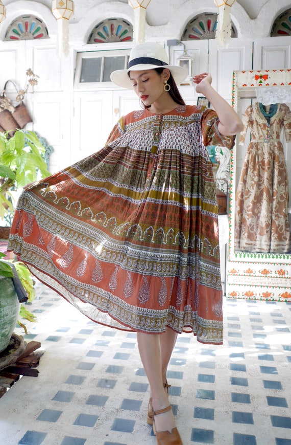 Vintage Indian Cotton Gauze Dress, Boho Hippie Dr… - image 5