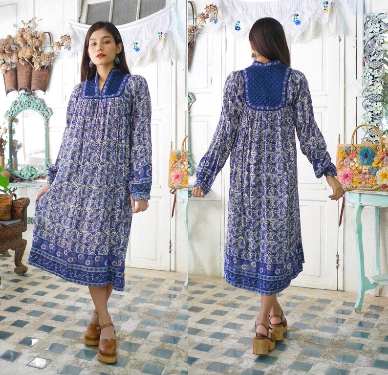 Vintage Blue Indian Cotton Gauze Dress Floral Print 70's Etsy