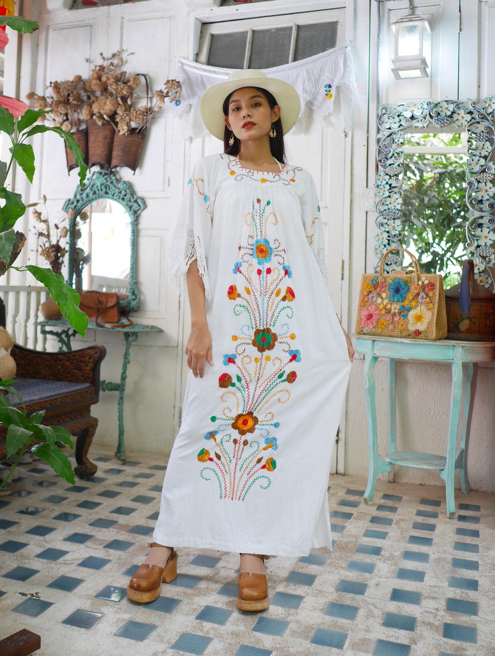 1970s Natural Cotton Embroidered Maxi Dress