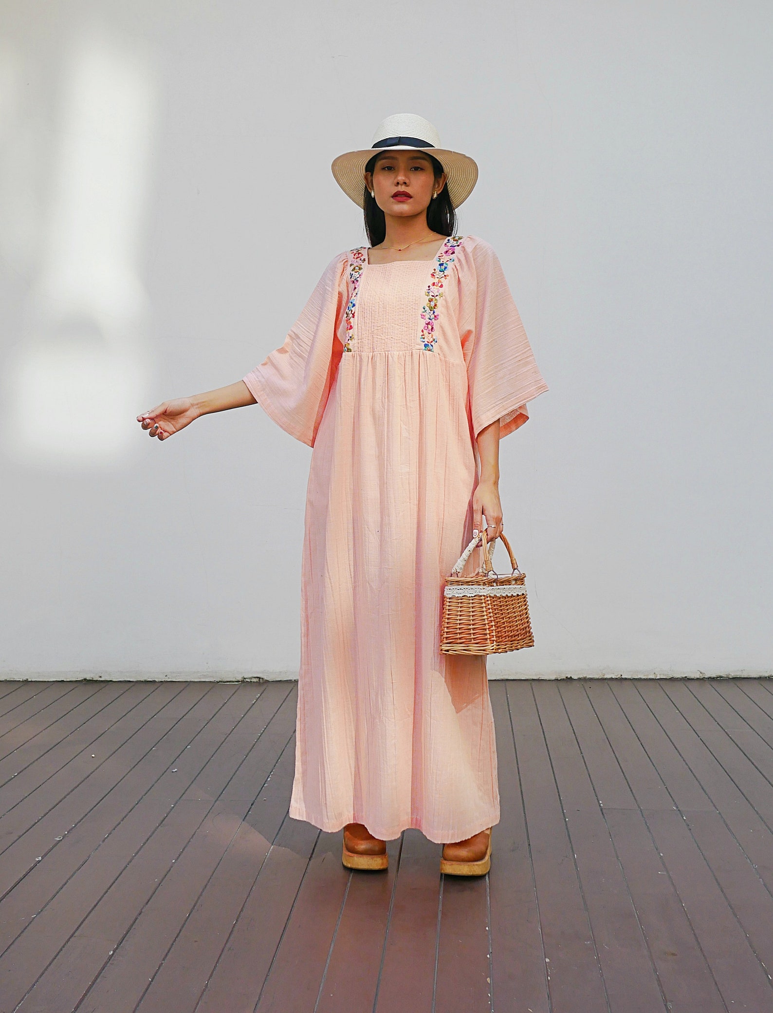 Vintage Mexican Cotton Gauze Dress With Floral Embroidery Etsy