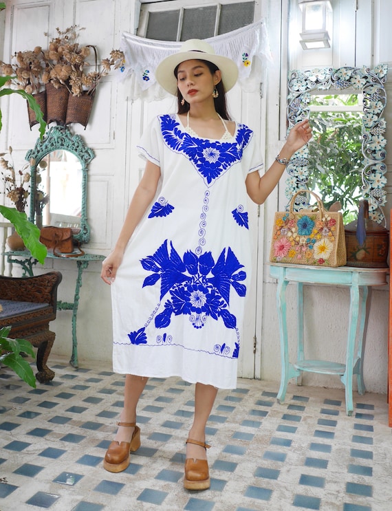 Vintage Mexican Embroidered Dress, Blue Floral Emb