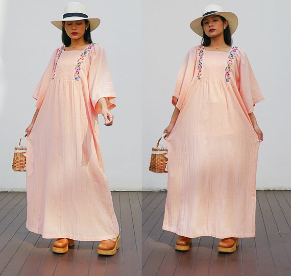 Vintage Mexican Cotton Gauze Dress With Floral Em