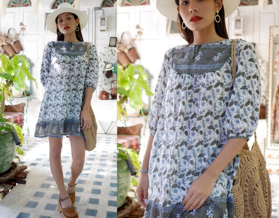Vintage Indian Cotton Gauze Half Sleeves Dress, Bo