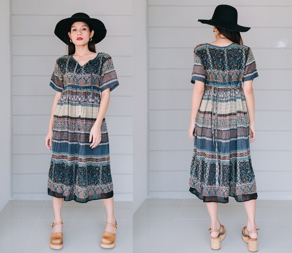 Vintage Indian Cotton Gauze Dress, Boho Hippie Dre