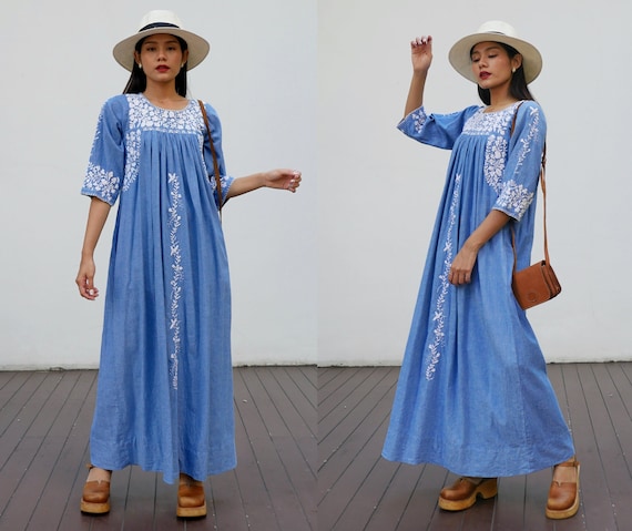 Vintage Oaxacan Maxi Dress, Mexican Dress White Fl