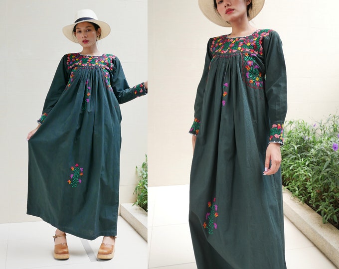70s Oaxacan Embroidered Mexican Maxi Dress BOHO Forest Green or Black ...