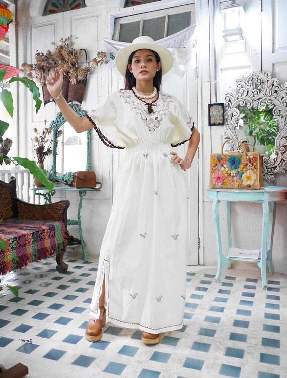 Vintage Kaftan Floral Embroidered Maxi Dress, Boho