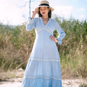 1970s Vintage Light blue Maxi Dress, Tony Todd Dress,Bell Sleeves Dress With With Floral Embroidered image 4