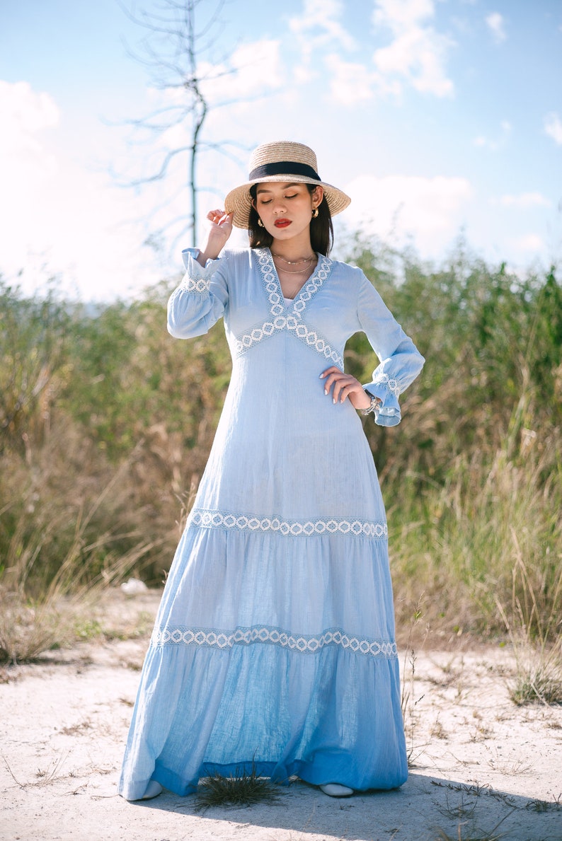 1970s Vintage Light blue Maxi Dress, Tony Todd Dress,Bell Sleeves Dress With With Floral Embroidered image 4