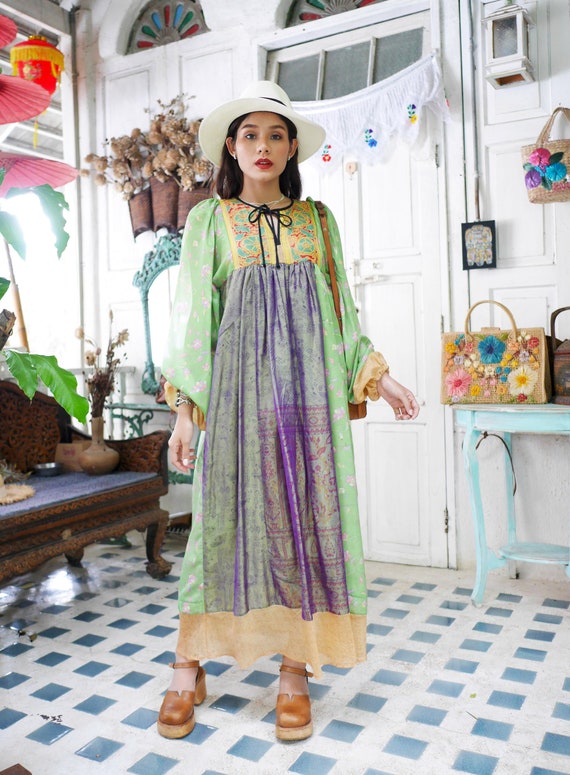 1970s Vintage Indian Silk  Maxi Dress, Boho Bollo… - image 5