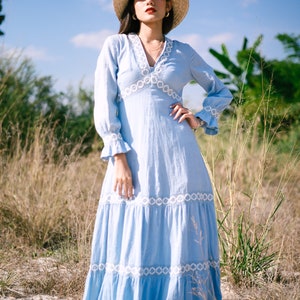 1970s Vintage Light blue Maxi Dress, Tony Todd Dress,Bell Sleeves Dress With With Floral Embroidered image 5