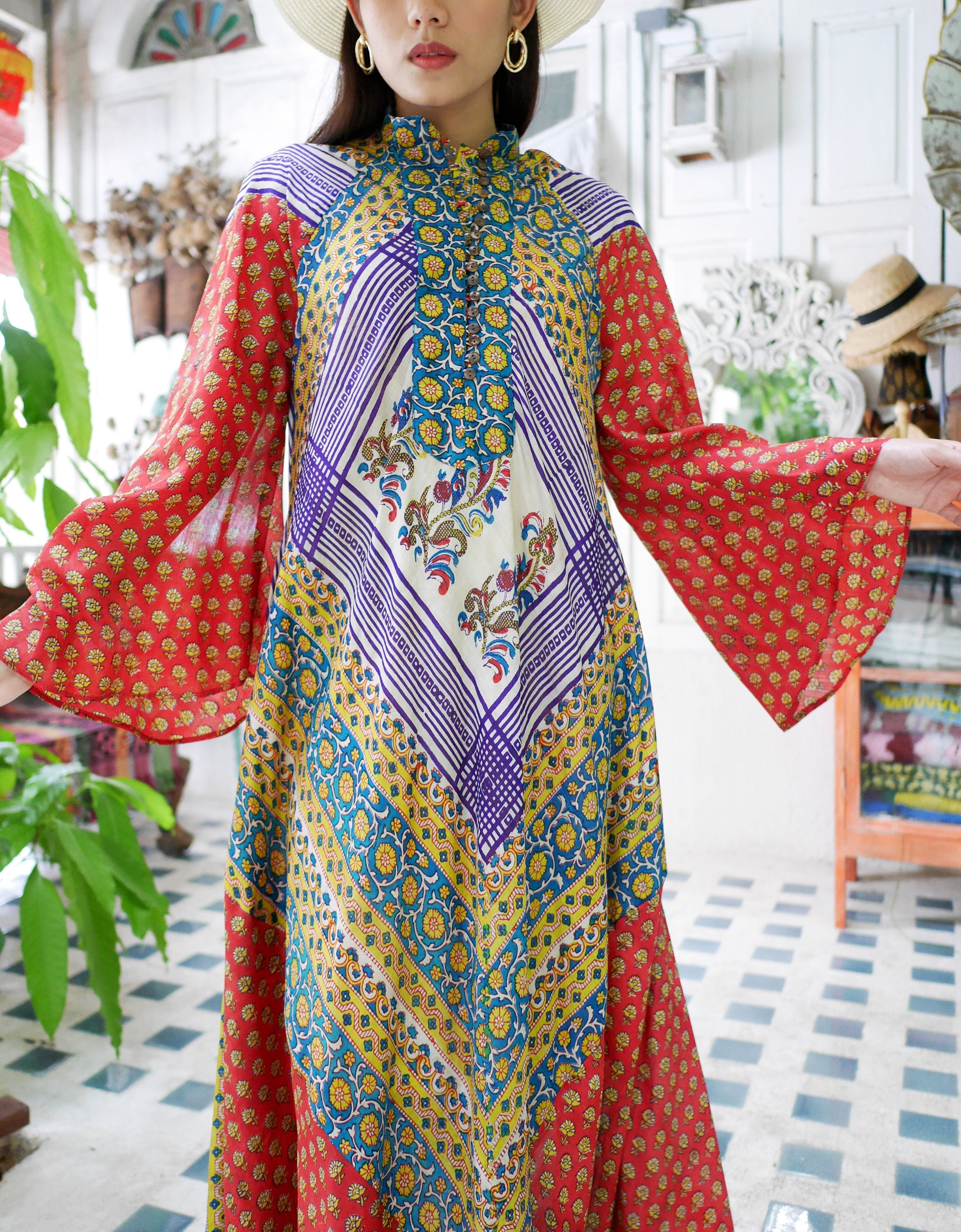 1970s Vintage Indian Silk Kaftan Maxi Dress Boho Angel - Etsy