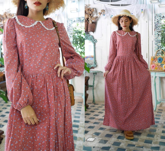1970s Vintage Floral Print Dress, Boho Long Sleeve