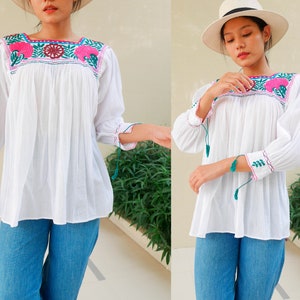 Vintage Mexican Hand Embroidered Blouse, Boho Vintage Blouse, Long Sleeve Hand Embroidered Floral Blouse