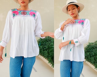 Vintage Mexican Hand Embroidered Blouse, Boho Vintage Blouse, Long Sleeve Hand Embroidered Floral Blouse