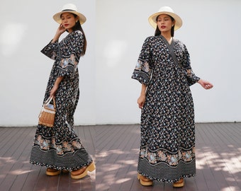 70s Vintage Florals Print V Neck Maxi Dress, Vintage  Angel Sleeves Kimono Dress