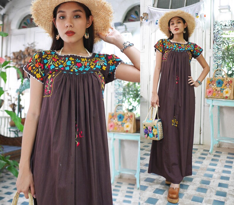 The9fd7 Mexican Maxi Dress Black Oaxacan Embroidered 70s By