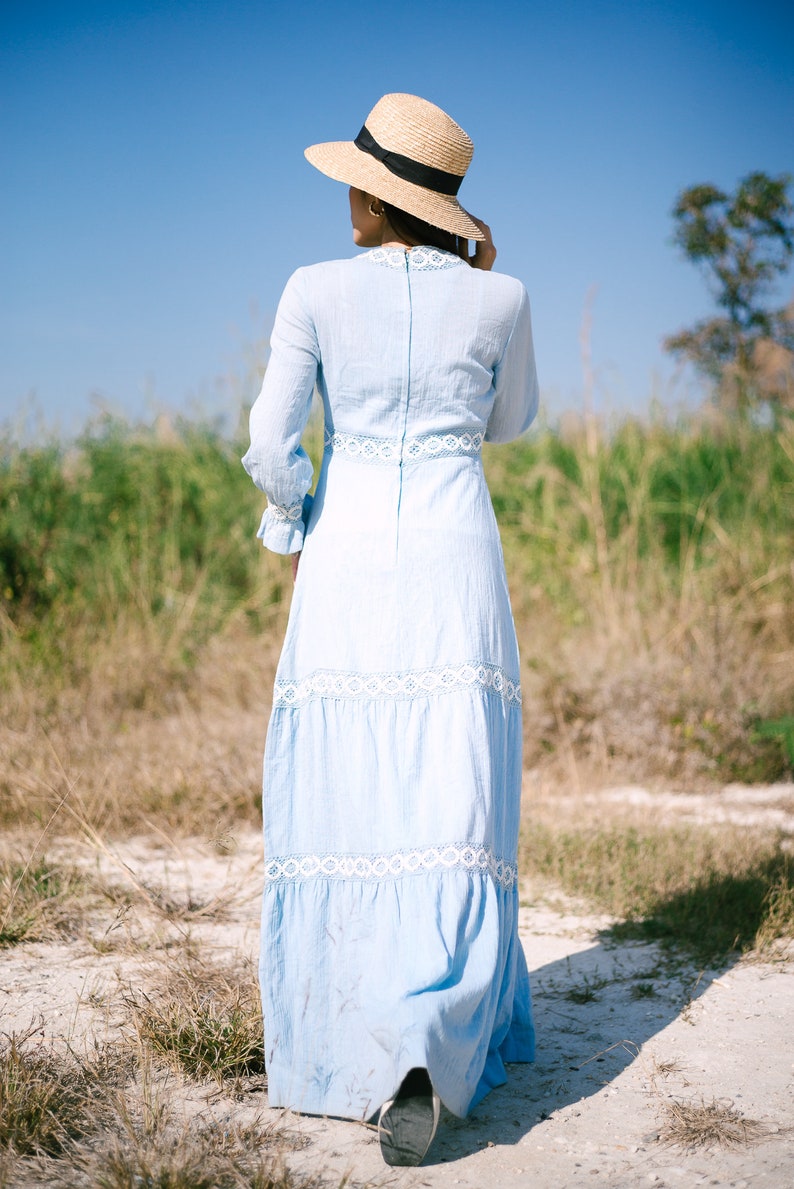 1970s Vintage Light blue Maxi Dress, Tony Todd Dress,Bell Sleeves Dress With With Floral Embroidered image 6