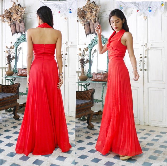 Classic RED Vintage Sleeveless Pleated Dress, Boho