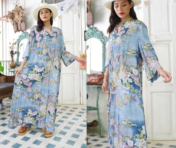 Vintage Hawaiian Maxi Dress, Tropical Print Hawaii