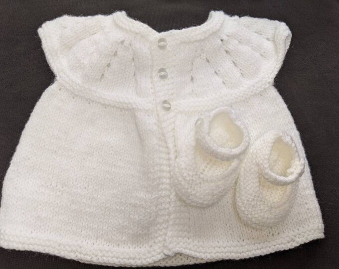 Jacket white with matching Mary Jane shoes, 6 month old baby girl.