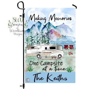 Camping welcome flag, Custom personalized camping flags, RV camper decor, Making Memories camping Class A Vista