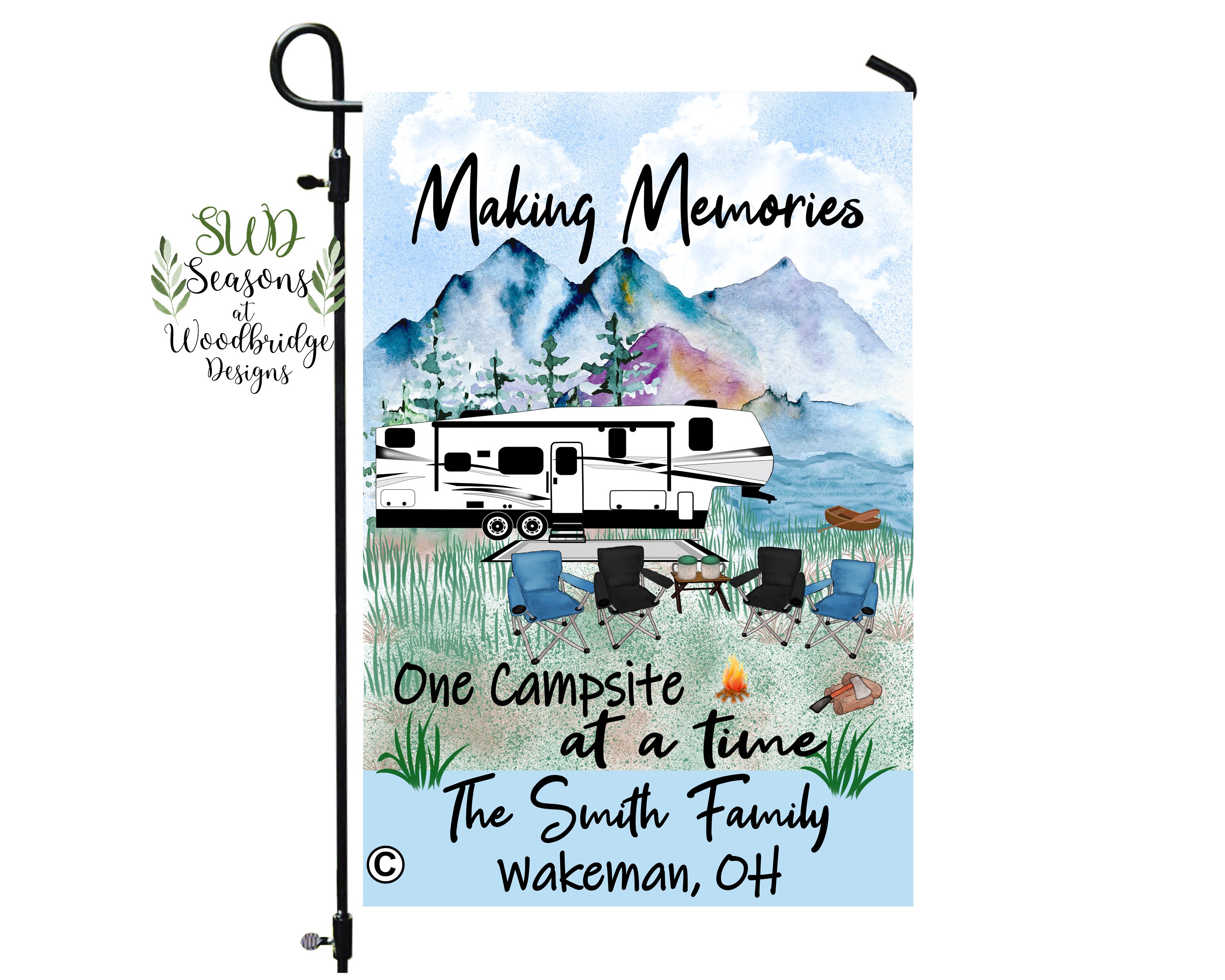 Camping welcome flag, Custom personalized camping flags, RV camper decor, Making Memories camping, 5th Wheel Astoria