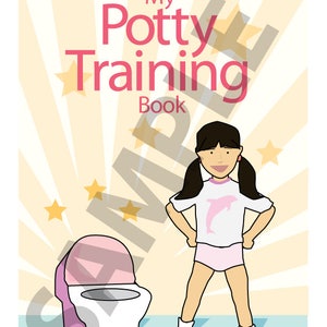 May include: A pink and white potty training toilet with a girl standing next to it. The girl is wearing a white shirt with a pink dolphin on it and pink underwear. The background is yellow with white stars.