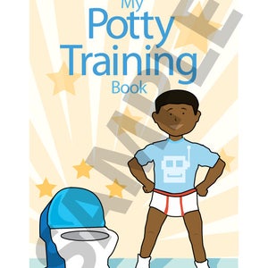 May include: A blue and white potty training toilet with a cartoon boy standing next to it. The boy is wearing a blue shirt with a robot graphic, red underwear, and white socks. The background is yellow with stars.