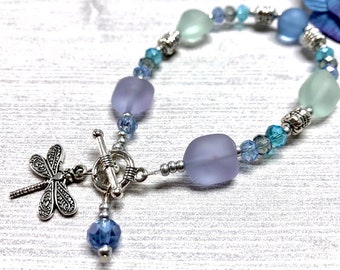 Sea Glass Dragonfly Bracelet, Dragonfly Bracelet, Sea Glass Bracelet , Blue Sea Glass, Sea Glass Jewelry, Dragonfly Jewelry, Summer Jewelry