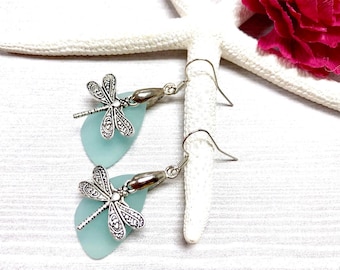 Sea Glass Dragonfly Earrings, Dragonfly Earrings, Blue Sea Glass, Sea Glass Earrings, Sea Glass Jewelry ,Dragonfly Jewelry, Summer Jewelry