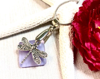 Sea Glass Dragonfly Necklace, Dragonfly Pendant Necklace, Purple Sea Glass, Sea Glass Jewelry, Summer Jewelry, Dragonfly Jewelry