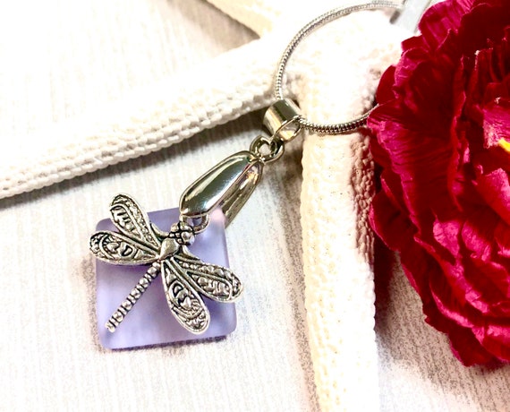 Sea Glass Dragonfly Necklace Dragonfly Pendant Necklace Purple Sea Glass Sea Glass Jewelry Summer Jewelry Dragonfly Jewelry Etsy