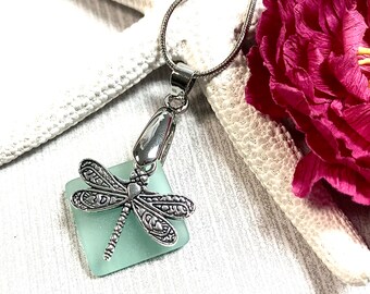 Sea Glass Dragonfly Necklace, Dragonfly Pendant Necklace,Aqua Blue Sea Glass, Sea Glass Jewelry, Summer Jewelry, Dragonfly Jewelry