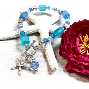 Blue Sea Glass Starfish Bracelet, Starfish Bracelet, Sea Glass Bracelet, Blue Sea Glass, Sea Glass Jewelry, Beach Jewelry, Bridesmaid Gift