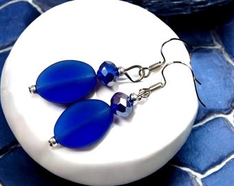 Cobalt Blue Sea Glass Oval Earrings• Sea Glass Earrings• Beachy Earrings• Sea Glass Jewelry• Summer Jewelry • Gift for Her • Gift for Mom