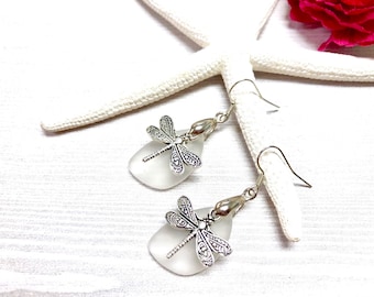 Sea Glass Dragonfly Earrings, Dragonfly Earrings, White Sea Glass, Sea Glass Earrings, Sea Glass Jewelry, Dragonfly Jewelry, Summer Jewelry