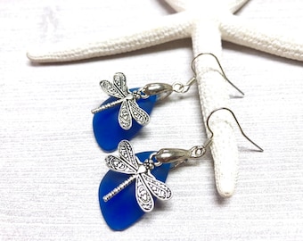 Sea Glass Dragonfly Earrings, Dragonfly Earrings, Blue Sea Glass, Sea Glass Earrings, Sea Glass Jewelry, Dragonfly Jewelry, Summer Jewelry