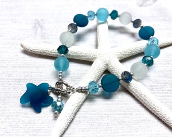 Sea Glass Starfish Bracelet , Starfish Bracelet, Starfish Jewelry, Teal Blue Sea Glass, Sea Glass Jewelry, Beachy Jewelry, Bridesmaid Gift