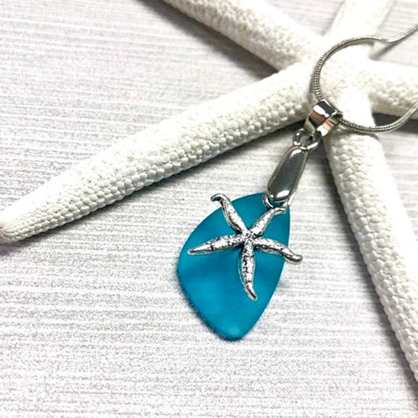 Blue Sea Glass Starfish Necklace, Starfish Pendant Necklace, Starfish Jewelry, Aqua Blue Sea Glass, Sea Glass Jewelry, Beachy Jewelry